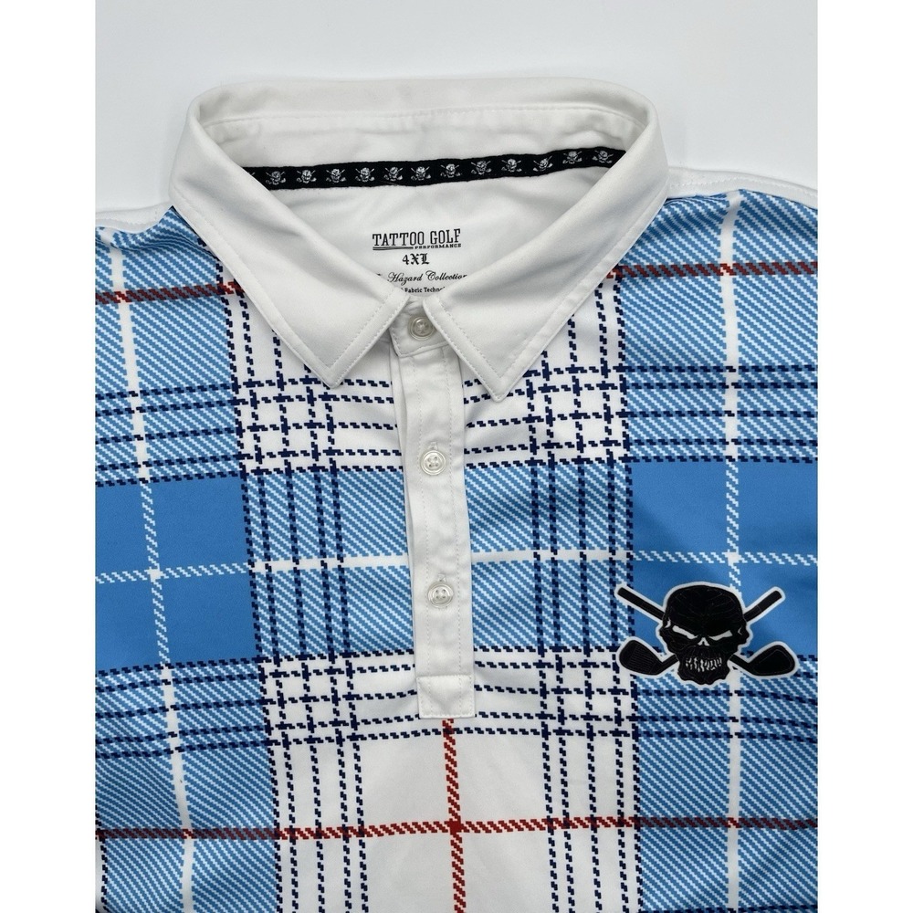 TATTOO GOLF Performance Polo Shirt 4XL Blue Plaid Skull 3/4 Button